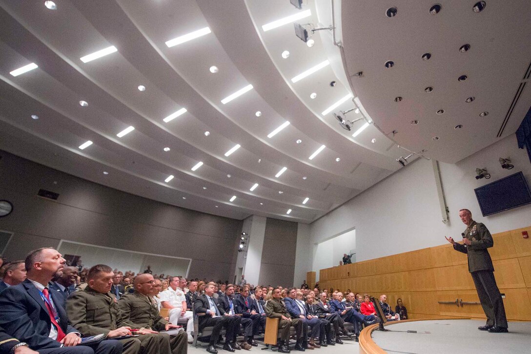Marine Corps Gen. Joe Dunford, chairman of the Joint Chiefs of Staff, addresses National Defense University students at Fort McNair in Washington, D.C., Aug. 23, 2016. The university provides military education to leaders of the U.S. armed forces and select others, preparing them to think and operate effectively in an international security environment. DoD photo by Navy Petty Officer 2nd Class Dominique A. Pineiro