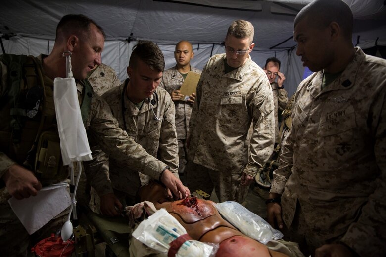 Naval Medical staff from 4th Medical Battalion, 4th Marine Logistics Group, Marine Forces Reserve, asses the injuries on a simulated casualty brought to the Shock Trauma Platoon during Exercise Global Medic at Fort McCoy, Wisconsin, Aug. 20, 2016. Throughout the course of the exercise, casualties would be brought to the STP with various injuries and the medical staff would need to react quickly to stabilize the patient and provide the proper medical treatment. (U.S. Marine Corps photo by Lance Cpl. Melissa Martens/Released)
