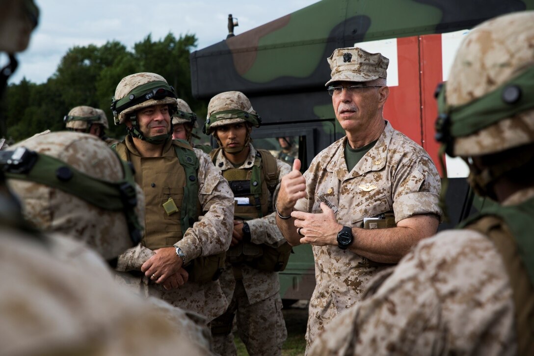 Capt. David A. Arzouman, commanding officer of 4th Medical Battalion, 4th Marine Logistics Group, Marine Forces Reserve, visited the Marines and Navy personnel during Exercise Global Medic at Fort McCoy, Wisconsin, Aug. 20, 2016. Arzouman commended the service members on how well they performed during the exercise, as well as spoke on how proud he was of all they have accomplished throughout his time as the commanding officer of 4th Med. Bn. (U.S. Marine Corps photo by Lance Cpl. Melissa Martens/Released) 