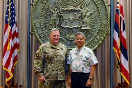 United States Army Chief of Staff Gen. Mark Miley (left) met with Hawaii Governor David Ige August 22, 2016, at the Hawaii State Capitol. During their meeting in the governor's chamber, the two leaders discussed the Total Army (Active, Guard, Reserves) in the Pacific, and the continuing state support shown to the Army in Hawaii. Miley is in Hawaii visiting installations, meeting with Soldiers and getting briefed on continuing Army efforts in the Asia Pacific region. Hawaii is the last stop of the general's Asia Pacific tour with stops in Japan, South Korea, and China where he explored opportunities to deepen cooperation with the People's Liberation Army. 