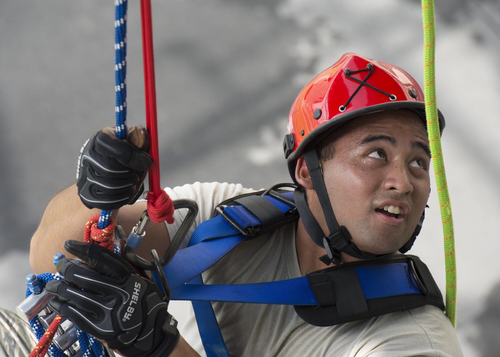 Senior Airman Jason Piol, 436th Civil Engineer Squadron firefighter, practices climbing and repelling during a Rescue Technician Course Aug. 18, 2016, at Dover Air Force Base, Del. Piol is one of 12 students who took this course. (U.S. Air Force photo by Senior Airman Zachary Cacicia)
