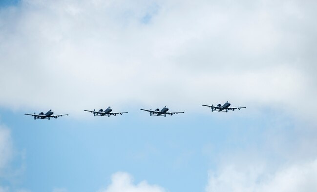 A formation of A-10C Thunderbolt IIs soar through the skies, Aug. 19, 2016, at Avon Park Air Force Range, Fla. The A-10C houses a GAU-8 cannon which is capable of firing 3,000 rounds per minute and can be used to defeat targets such as armored as tanks. (U.S. Air Force photo by Staff Sgt. Brian Valencia)