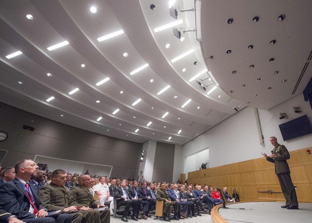 Marine Corps Gen. Joe Dunford, chairman of the Joint Chiefs of Staff, addresses National Defense University students at Fort Lesley J. McNair, Washington, D.C., Aug. 23, 2016 NDU provides joint professional military education to prepare leaders to think and operate effectively at the highest international security levels. DoD photo by Navy Petty Officer 2nd Class Dominique A. Pineiro