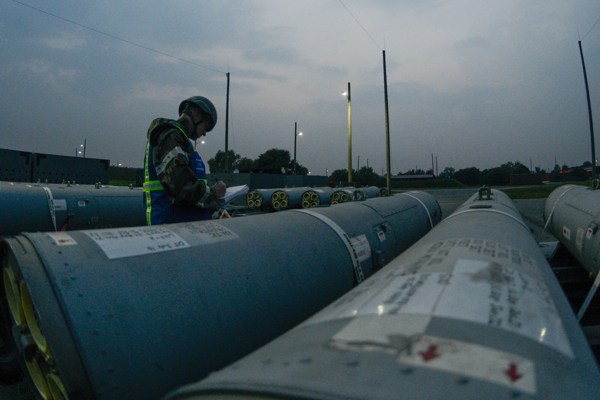 Staff Sgt. Gordon Inch, 51st Fighter Wing weapons safety manager, performs safety inspections on stored munitions during Exercise Beverly Herd 16-2 at Osan Air Base, Republic of Korea, Aug. 23, 2016. Inch and 51st FW safety Airmen go out to various shops across Osan to ensure compliance and provide assistance and advice with safety concerns. (U.S. Air Force photo by Senior Airman Dillian Bamman)