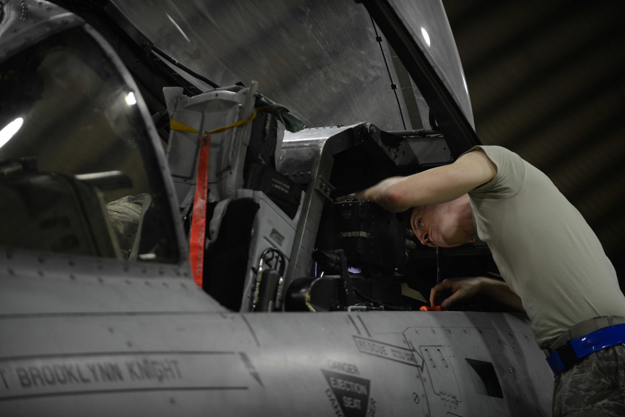An Airman from the 51st Maintenance Group performs preflight inspections on an A-10 Thunderbolt II during Exercise Beverly Herd 16-2 at Osan Air Base, Republic of Korea. The 51st MXG maintain and inspect the A-10 Thunderbolt II aircraft, which provides close air support, air strike control and combat search and rescue capabilities to the 51st Fighter Wing in support of the defense of the ROK. (U.S. Air Force photo by Senior Airman Dillian Bamman)