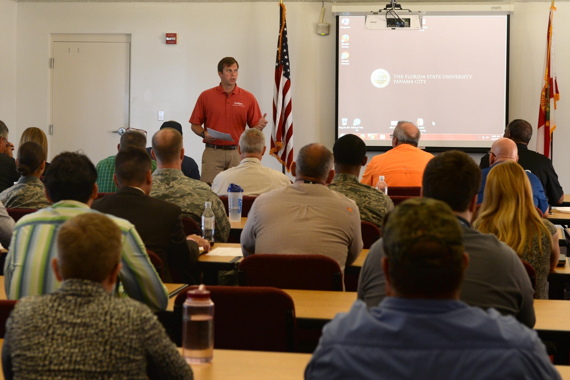 Representatives from Tyndall’s Public Health Flight attend the Zika Caucus held at the Bland conference room in Florida State University at Panama City Fla., Aug. 22, 2016. Public health and environmental organizations from all over Florida came to the caucus to pool their knowledge on Zika and discuss the best ways to combat the carriers of the virus. (U.S. Air Force photo by Airman 1st Class Cody R. Miller)