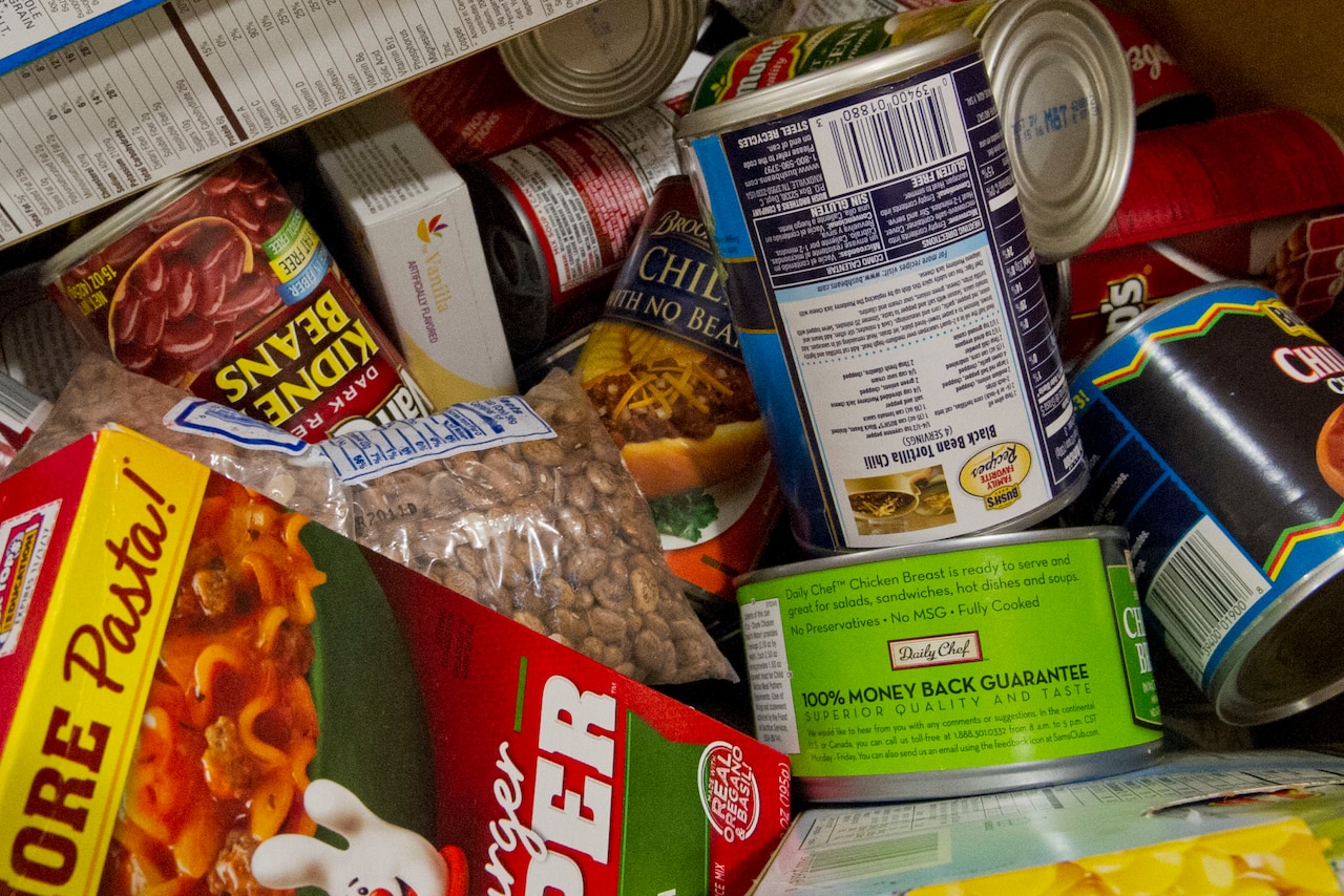 Food donations fill a box at the charity fair for the Feds Feed Families initiative at the Pentagon, Aug. 23, 2016. DoD photo by Lisa Ferdinando