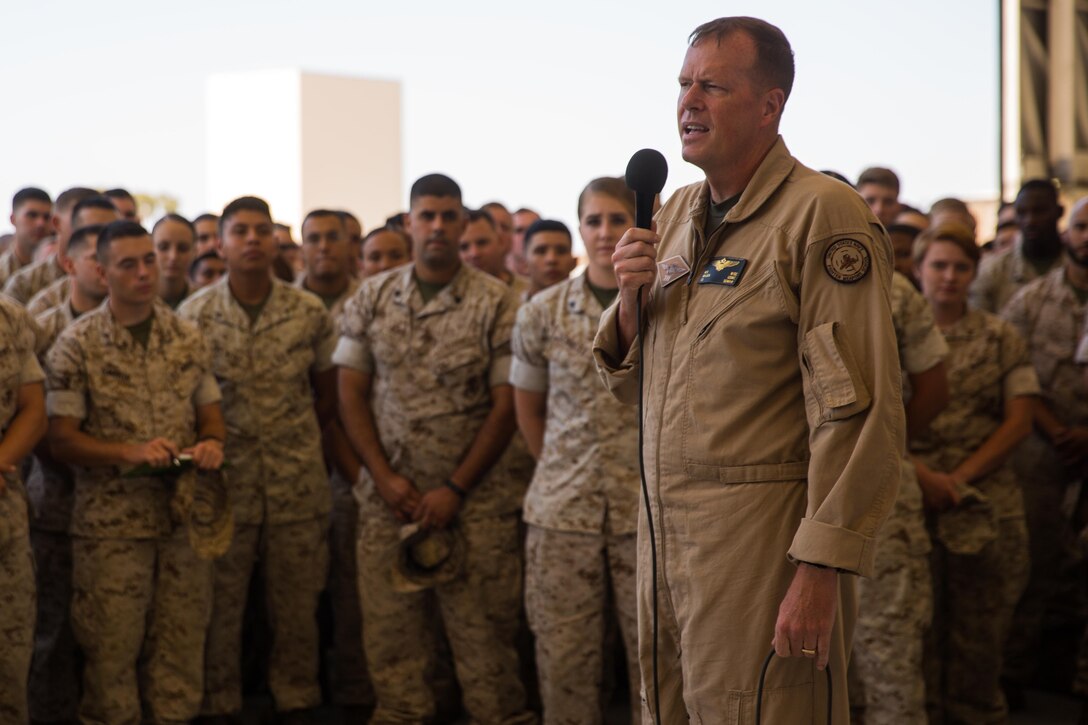 Maj. Gen. Mark Wise, 3rd Marine Aircraft Wing commanding general, speaks to Marines with Marine Aircraft Group 11 during a one-day “reset” aboard Marine Corps Air Station Miramar, Calif., Aug. 9. During the reset, units across 3rd MAW suspended nearly all air field and shop operations to develop plans and improve their section’s operational readiness. (U.S. Marine Corps photo by Sgt. Lillian Stephens/Released)