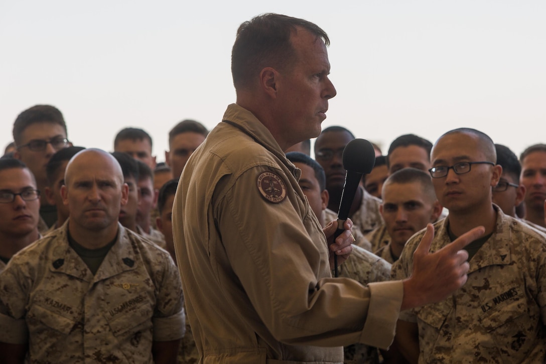 Maj. Gen. Mark Wise, 3rd Marine Aircraft Wing commanding general, speaks to Marines with Marine Aircraft Group 11 during a one-day “reset” aboard Marine Corps Air Station Miramar, Calif., Aug. 9. During the reset, units across 3rd MAW suspended nearly all air field and shop operations to develop plans and improve their section’s operational readiness. (U.S. Marine Corps photo by Sgt. Lillian Stephens/Released)
