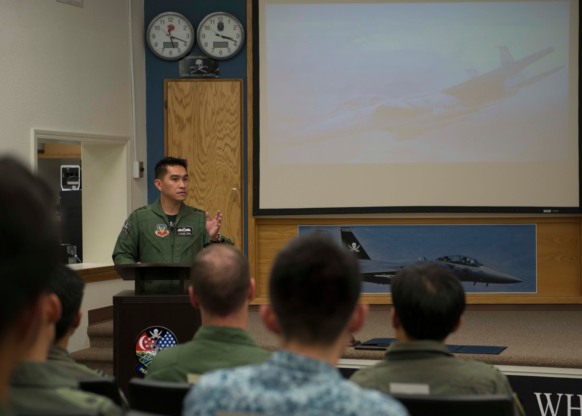 Republic of Singapore Lt. Col. Tham Yeow Min, 428th Fighter Squadron senior ranking officer, speaks during the F-15SG Fighter Weapons Instructor Course graduation Aug. 19, 2016, at Mountain Home Air Force Base, Idaho. The course was the first of its kind for the RSAF, and was modeled after the U.S. Air Force's weapons school. (U.S. Air Force photo by Airman 1st Class Chester Mientkiewicz/Released)