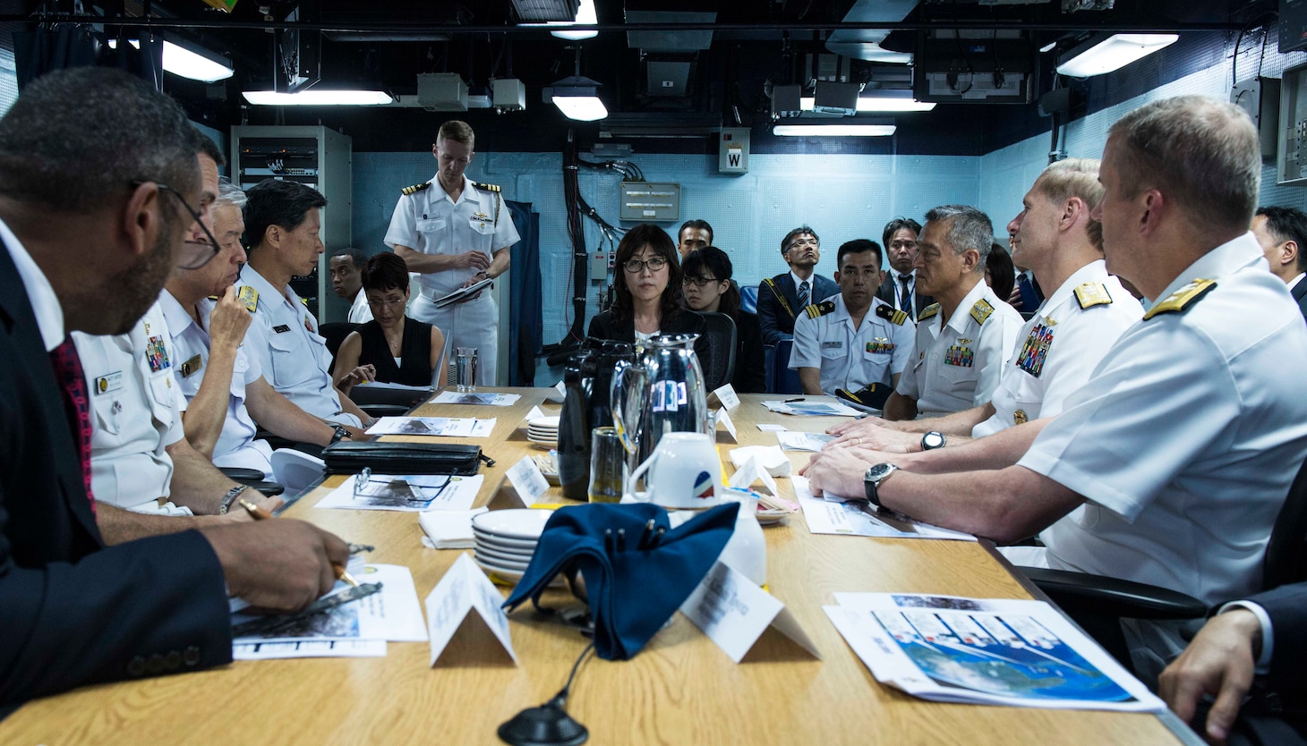 YOKOSUKA, Japan (Aug. 23, 2016) Japanese Minister of Defense, Tomomi Inada, and her accompanying group, receive a brief about the mission of forward-deployed naval forces during a tour of the U.S. Navy’s only forward-deployed aircraft carrier, USS Ronald Reagan (CVN 76). Ronald Reagan is forward deployed to Japan in support of security and stability in the Indo-Asia-Pacific. (U.S. Navy photo by Mass Communication Specialist 2nd Class Adrienne Powers/ Released)