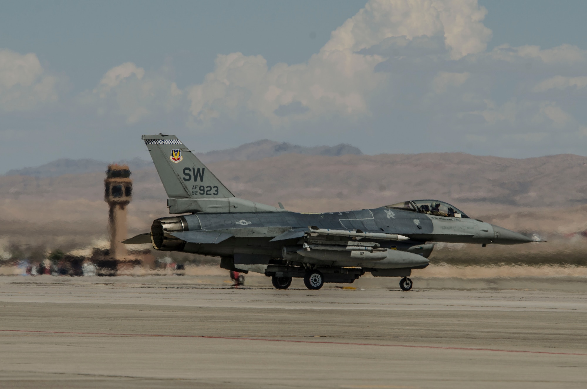 An F‐16CM Fighting Falcon assigned to the 55th Fighter Squadron, Shaw Air Force Base, S.C., taxis at Nellis Air Force Base, Nev., Aug. 13, 2016. The F-16 was primarily used in suppression of enemy air defense operations during Red Flag 16-4. (U. S. Air Force photo by Tech. Sgt. Frank Miller)