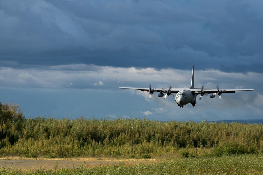 A 36th Airlift Squadron C-130 Hercules prepares to land on an austere runway for training during Red Flag-Alaska at Joint Base Elmendorf-Richardson, Alaska, Aug. 16, 2016. Red Flag-Alaska is an exercise that provides joint offensive counter-air, interdiction, close air support and large force employment training in a simulated combat environment. (U.S. Air Force photo by Staff Sgt. Michael Smith/Released)