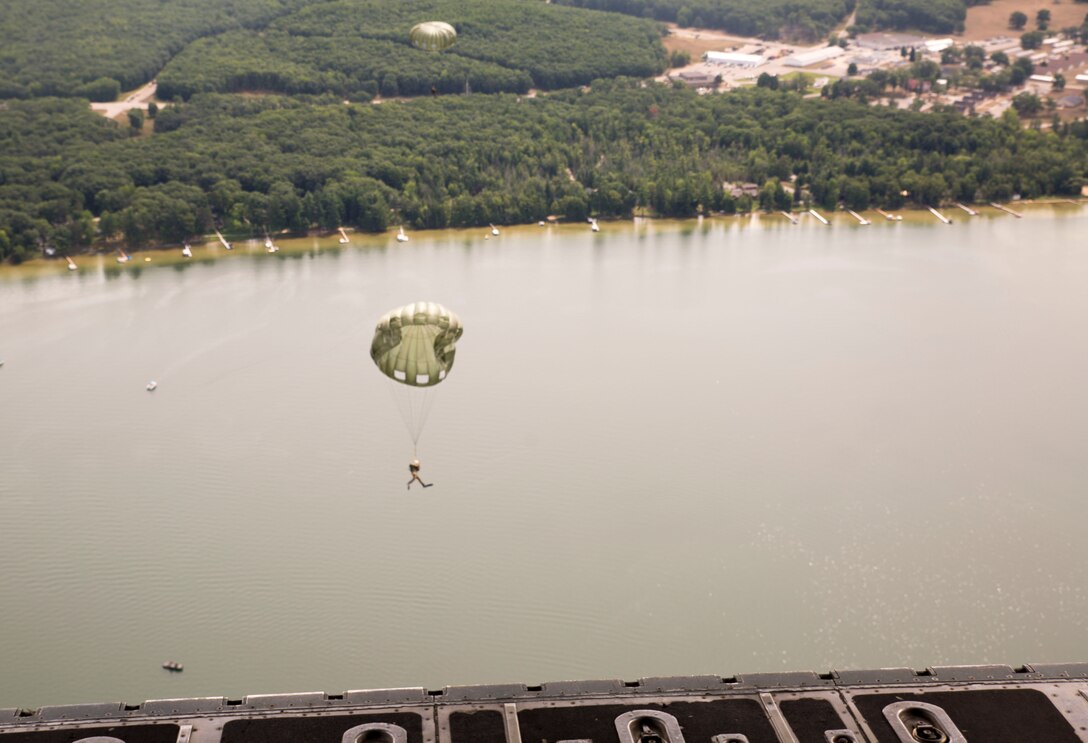 CAMP GRAYLING, Mich. – Marines with 4th Reconnaissance Battalion, 4th Marine Division, Marine Forces Reserve, conducted jumps from the back of a C-130 during Exercise Northern Strike 2016 at Camp Grayling Joint Maneuver Training Center, Mich., Aug. 17, 2016. The Marines demonstrated their skills and kept their qualifications up to date with six jumps at this exercise as a apart of their minimum ten needed.  Exercise Northern Strike 16 is a National Guard Bureau-sponsored exercise uniting approximately 5,000 Army, Air Force, Marine, and Special Forces service members from 20 states and three coalition countries. The exercise strives to provide accessible, readiness-building opportunities for military units from all service branches to achieve and sustain proficiency in conducting mission command, air, sea, and ground maneuver integration, and the synchronization of fires in a joint, multinational, decisive action environment. (U.S. Marine Corps photo by Cpl. Devan Alonzo Barnett/Released)