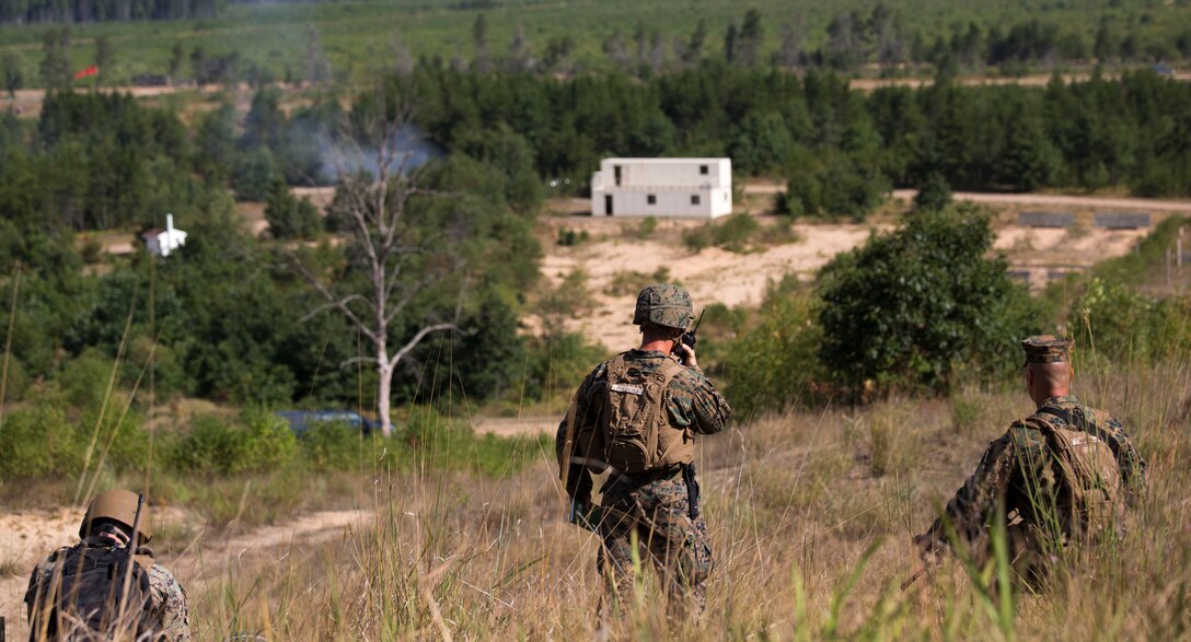 CAMP GRAYLING, Mich. -- Marines with 4th Assault Amphibian Battalion, 4th Marine Division, Marine Forces Reserve, provide fire support by calling in movements and attacks during Exercise Northern Strike 2016 at Camp Grayling Joint Maneuver Training Center, Mich., Aug. 17, 2016. Exercise Northern Strike 16 is a National Guard Bureau-sponsored exercise uniting approximately 5,000 Army, Air Force, Marine, and Special Forces service members from 20 states and three coalition countries. The exercise strives to provide accessible, readiness-building opportunities for military units from all service branches to achieve and sustain proficiency in conducting mission command, air, sea, and ground maneuver integration, and the synchronization of fires in a joint, multinational, decisive action environment. (U.S. Marine Corps photo by Cpl. Devan Alonzo Barnett/Released)