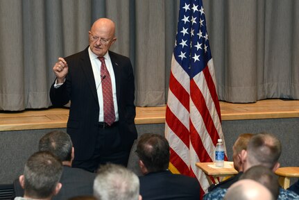 The Director of National Intelligence (DNI), the Honorable James R. Clapper, answers questions from the audience during a town hall with members of the intelligence community and U.S. Strategic Commandâ€™s (USSTRATCOM) intelligence staff at USSTRATCOM Headquarters, Offutt Air Force Base, Neb., Aug. 23, 2016. During his visit, Clapper participated in discussions with U.S. Navy Adm. Cecil D. Haney (not pictured), USSTRATCOM commander, and other leaders on the commandâ€™s intelligence requirements and the importance of collaboration and integration between USSTRATCOM and the intelligence community. He also toured USSTRATCOM facilities and assets around the base and attended a dinner meeting with Haney and the Chief of Naval Operations, U.S. Navy Adm. John M. Richardson. Clapper was sworn in as the fourth DNI on Aug. 9, 2010. As DNI, he leads the U.S. intelligence community and serves as the principal intelligence advisor to the president. One of nine DoD unified combatant commands, USSTRATCOM has global strategic missions assigned through the Unified Command Plan, which include strategic deterrence; space operations; cyberspace operations; joint electronic warfare; global strike; missile defense; intelligence, surveillance and reconnaissance; combating weapons of mass destruction; and analysis and targeting. (U.S. Air Force photo by Staff Sgt. Jonathan Lovelady)