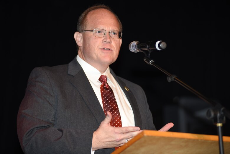 Judge Shea Nickell, Kentucky Supreme Court of Appeals, who has strong family ties to the land between the rivers and is well known for his lectures on local history, addresses Barkley Dam’s namesake Alben Barkley (1877-1956), the 35th vice president of the United States, during a commemoration marking the 50th anniversary of Barkley Dam at the Badgett Playhouse Theater in Grand Rivers, Ky., Aug. 20, 2016.