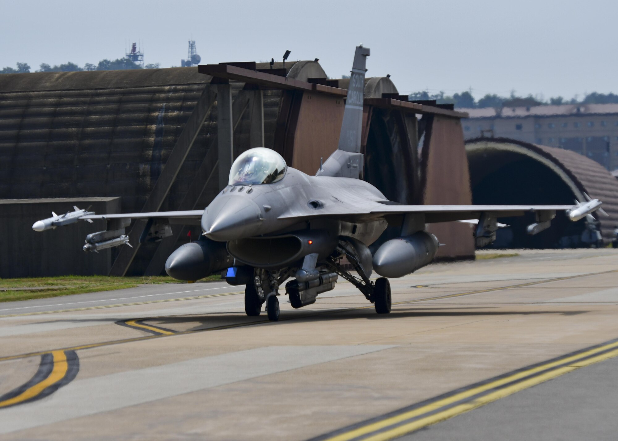 An F-16 Fighting Falcon, assigned to the South Carolina Air National Guard 169th Fighter Wing, taxis to the runway before a sortie flown in support of Exercise Beverly Herd 16-2 at Osan Air Base, Republic of Korea, Aug. 24, 2016. The Guardsmen, deployed here as part of a theater security package, work side-by-side with the 51st Fighter Wing during such exercises. (U.S. Air Force photo by Senior Airman Victor J. Caputo)