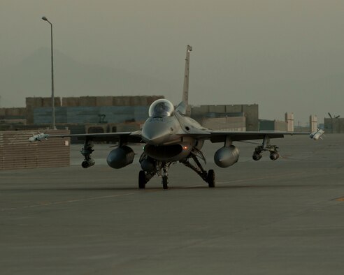 An F-16C Fighting Falcon from the 93rd Expeditionary Fighter Squadron taxis out of a parking spot Aug. 22, 2016, Bagram Airfield Afghanistan. The F-16s from the 93rd EFS are the only dedicated fighter aircraft in Afghanistan. (U.S. Air Force photo by Capt. Korey Fratini)