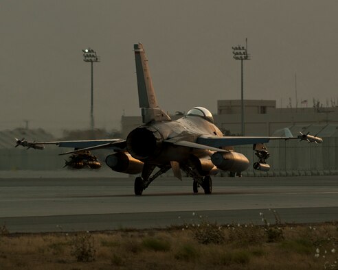 An F-16C pilot taxis down the runway prior to taking off for a mission Aug. 22, 2016, Bagram Airfield, Afghanistan. The F-16s based out of Bagram, are the only dedicated fighter squadron in the country and continuously supports Operation Freedom’s Sentinel and the NATO Resolute Support mission. (U.S. Air Force photo by Capt. Korey Fratini)