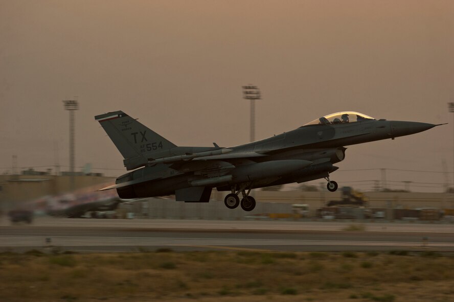 An F-16C Fighting Falcon takes off for mission in the skies of Afghanistan Aug. 22, 2016, Bagram Airfield, Afghanistan. F-16s deployed to Bagram Airfield provide over watch and close air support to U.S. and coalition forces through the Afghanistan area of operation. (U.S. Air Force photo by Capt. Korey Fratini)