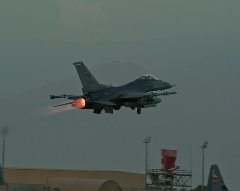An F-16C Fighting Falcon takes off for mission in the skies of Afghanistan Aug. 22, 2016, Bagram Airfield, Afghanistan. F-16s deployed to Bagram Airfield provide over watch and close air support to U.S. and coalition forces through the Afghanistan area of operation. (U.S. Air Force photo by Capt. Korey Fratini)