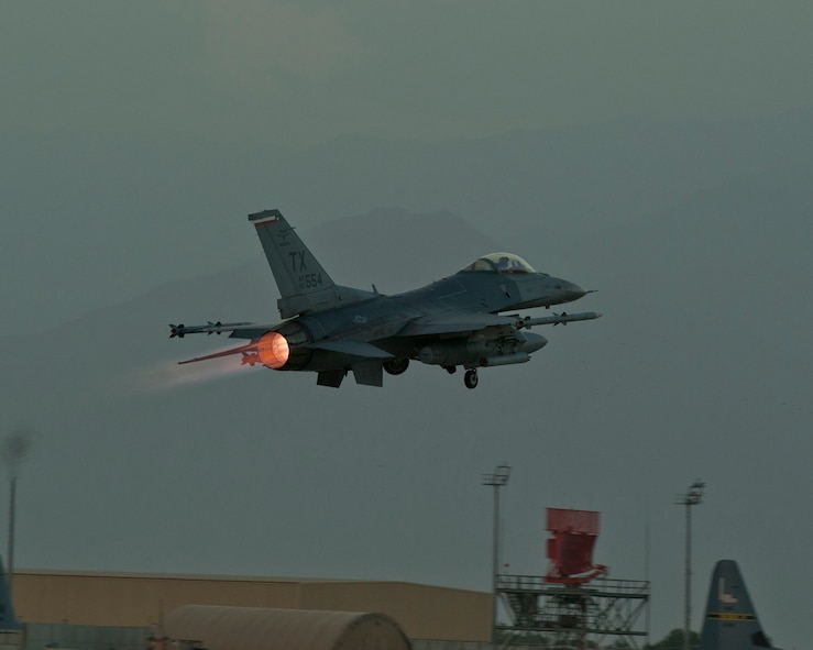 An F-16C Fighting Falcon takes off for mission in the skies of Afghanistan Aug. 22, 2016, Bagram Airfield, Afghanistan. F-16s deployed to Bagram Airfield provide over watch and close air support to U.S. and coalition forces through the Afghanistan area of operation. (U.S. Air Force photo by Capt. Korey Fratini)