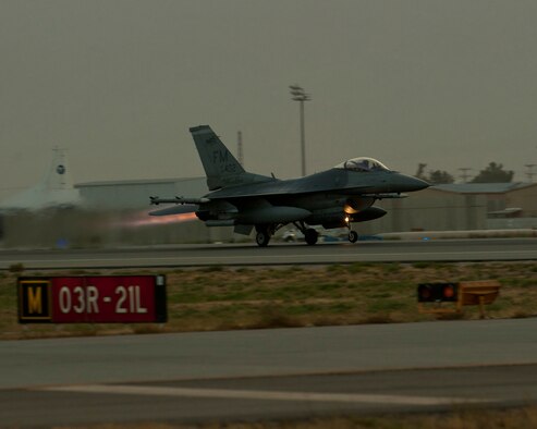 An F-16C Fighting Falcon takes off for mission in the skies of Afghanistan Aug. 22, 2016, Bagram Airfield, Afghanistan. F-16s deployed to Bagram Airfield provide over watch and close air support to U.S. and coalition forces through the Afghanistan area of operation. (U.S. Air Force photo by Capt. Korey Fratini)