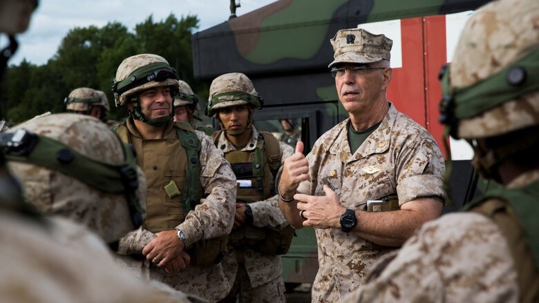 Capt. David A. Arzouman, commanding officer of 4th Medical Battalion, 4th Marine Logistics Group, Marine Forces Reserve, visited the Marines and Navy personnel during Exercise Global Medic at Fort McCoy, Wisconsin, August 20, 2016. Arzouman commended the service members on how well they performed during the exercise, as well as spoke on how proud he was of all they have accomplished throughout his time as the commanding officer of 4th Med. Bn. 