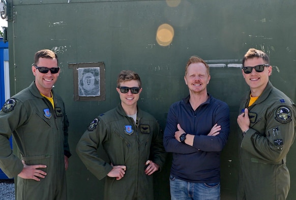 Patrick van Dam, a Dutch freelance photographer and graphic designer, stands with 493rd Fighter Squadron F-15C pilots at Ämari Air Base, Estonia, Aug. 19, 2016. Van Dam has been designing patches for the squadron based at Royal Air Force Lakenheath, England, and flew out to Estonia to document the squadron during their multinational flying training deployment. (U.S. Air Force photo by Senior Airman Erin Trower/Released) 