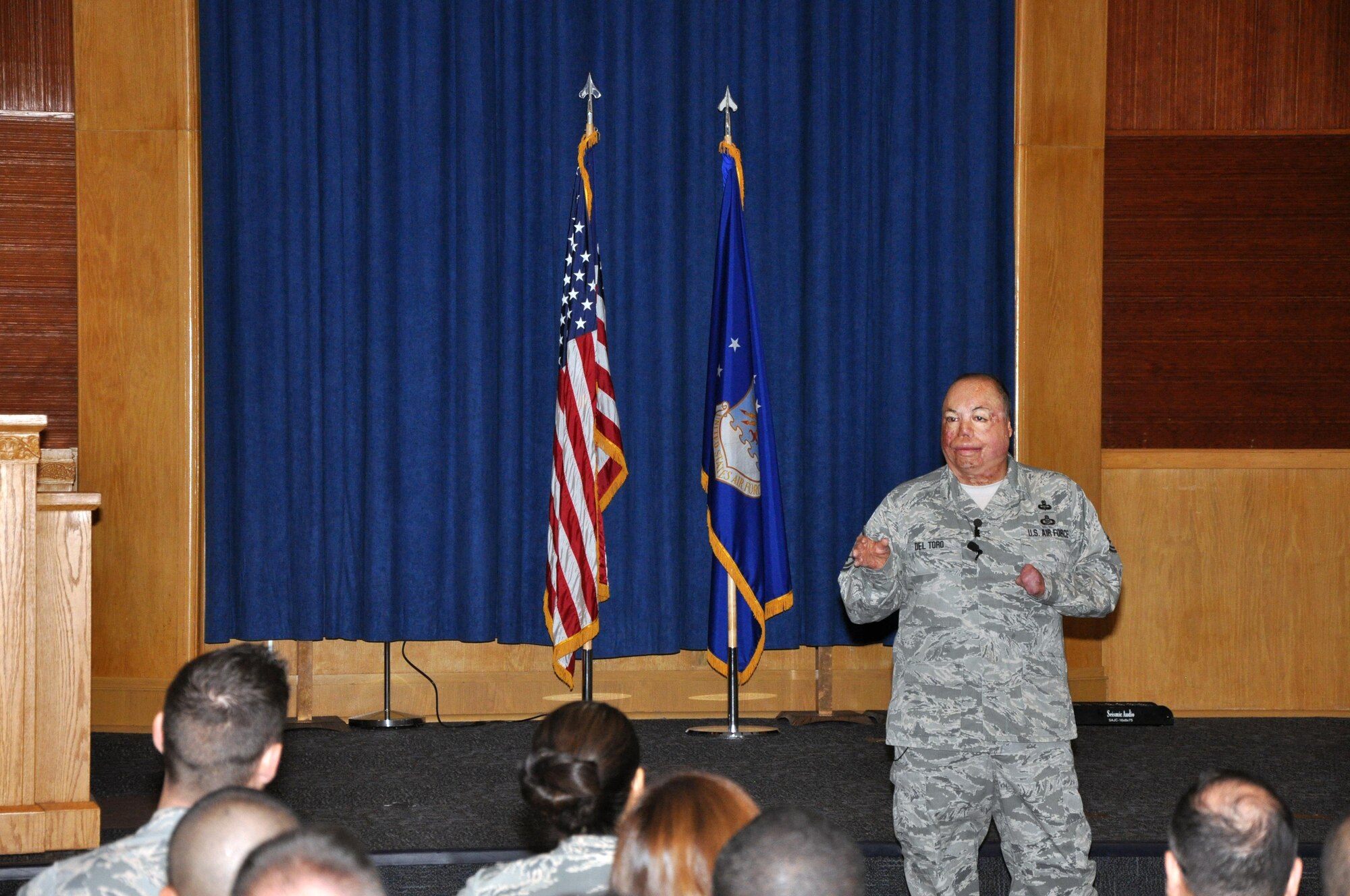 MSgt. Israel Del Toro, the first 100 percent-disabled Airman to reenlist in the Air Force, speaks to attendees at 340 Flying Training Wing’s 2016 Enlisted Development Summit at Joint Bases San Antonio-Lackland and Randolph, Texas Aug. 4 to 6. Del Toro, a tactical air control party member was severely injured by an improvised explosive device while serving in Afghanistan. He was burned over more than 80 percent of his body, spent three months in a coma and was given less than a 20 percent chance of survival. Del Toro delivered an inspiring and memorable speech that emphasized service before self and teamwork. (U.S. Air Force Photo/CMSgt. Jimmie Morris)