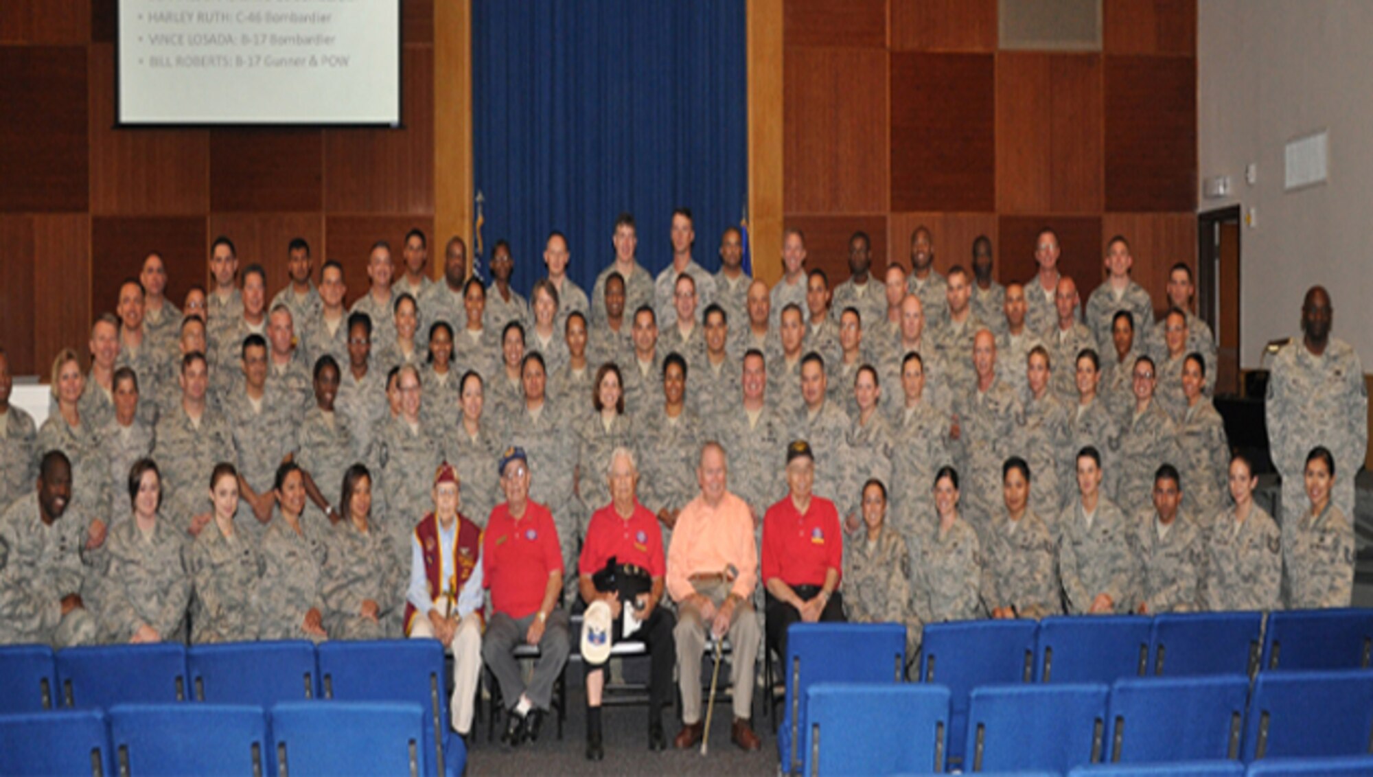 WW2 vets Bill Roberts, Vince Losada, Harley Ruth, Bernall Bracken, and Gerald Auerbach were special guests at the 340 Flying Training Wing’s 2016 Enlisted Development Summit at Joint Bases San Antonio-Lackland and Randolph, Texas Aug. 4 to 6. (U.S. Air Force Photo/CMSgt. Jimmie Morris)
