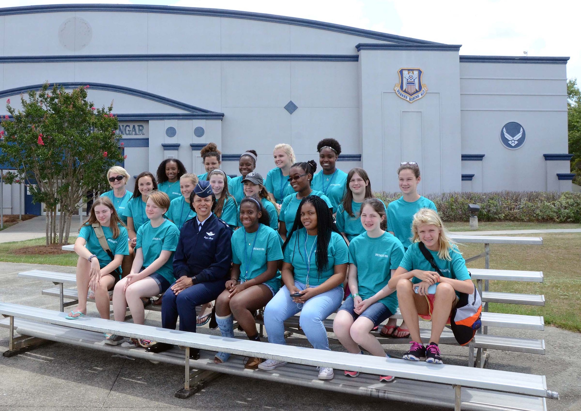 During a recent visit to the U.S. Air Force’s Museum of Aviation in Warner Robins, Georgia to attend the Air Force Reserve change of command ceremony, where Lt. Gen. Maryanne Miller assumed command, Harris welcomed the impromptu opportunity to speak to 18 middle school-aged girls taking part in the museum’s Mission Quest Flight Simulation program. The group attended the museum’s program as part of the “Spectacles 2016” summer camp hosted by Wesleyan College. 