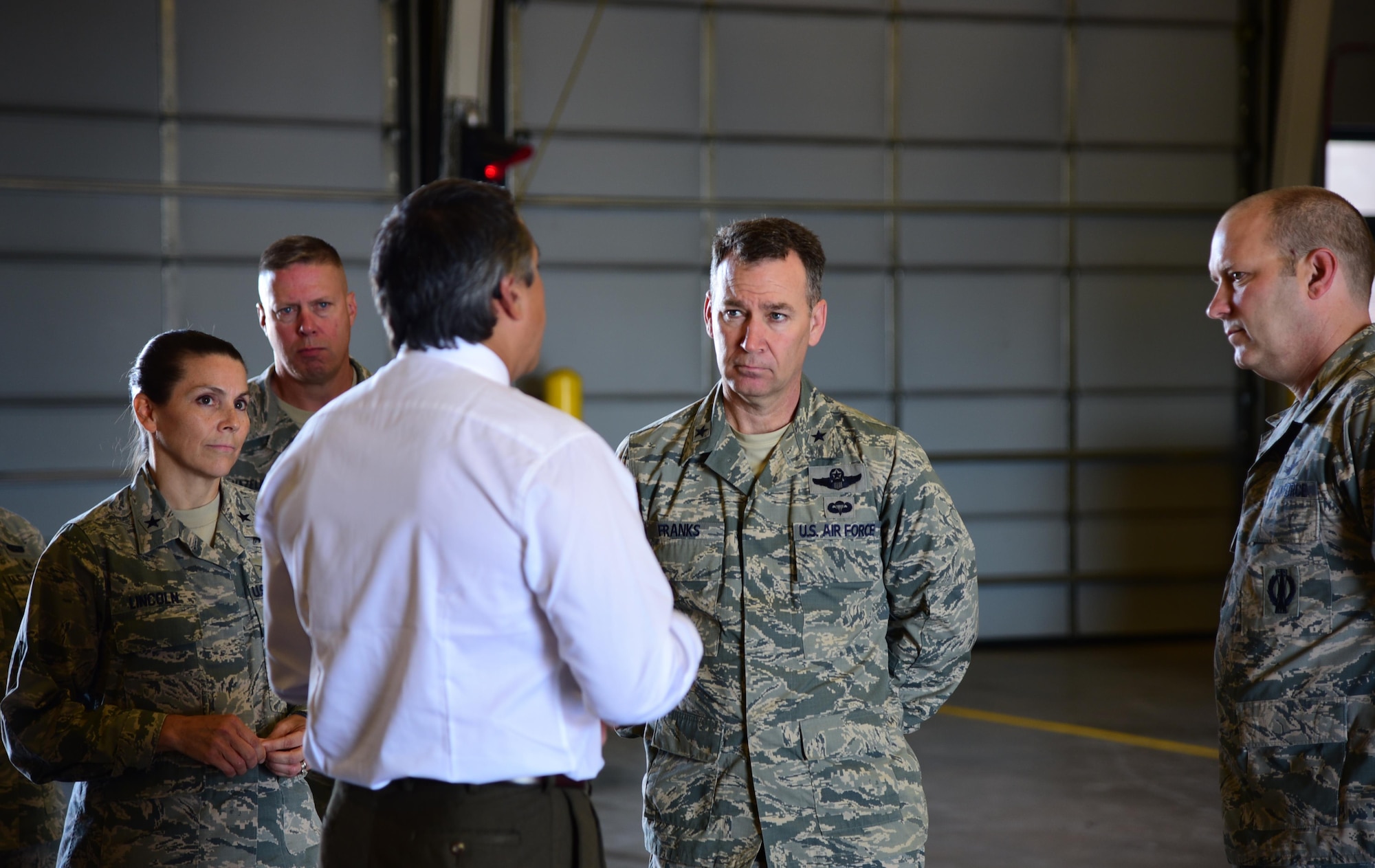 PETERSON AIR FORCE BASE, Colo. - Brig. Gen. Chad Franks, 14th Air Force vice commander, and Brig. Gen. Pamela Lincoln, 14th Air Force mobilization assistant to the commander, are briefed on the capabilities of the fire department on Peterson Air Force Base, Colo., Aug. 16, 2016. The briefing included a demonstration of a flightline crash tender truck water cannon. (U.S. Air Force photo by Staff Sgt. Amber Grimm)
