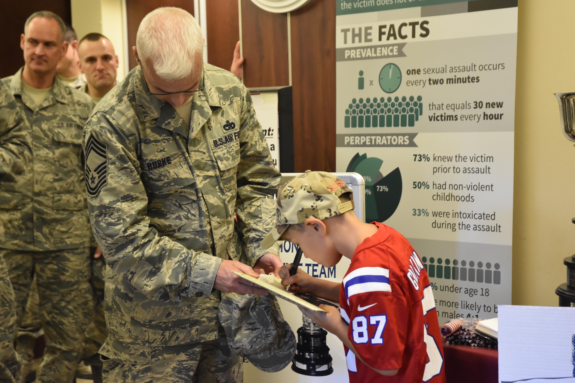 Ten-year old Jeffrey from Agawam, Mass. shakes hands and obtains the autographs of more than 200 Airmen during lunch hour at the Westover Consolidated Club on August 7, 2016. Jeffrey is on a mission to see how many veterans he can thank before Veteran's Day this year. 