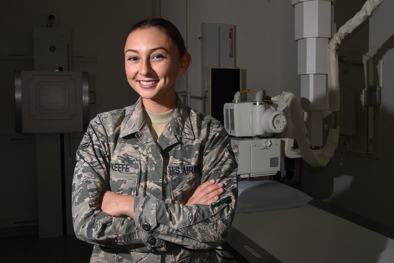 Airman 1st Class Rachael O’Keefe, 21st Medical Support Squadron radiology technologist, has been in the Air Force the shortest amount of time in her office but she doesn’t let that stop her dedicated professionalism and eagerness to serve patients at Peterson Air Force Base, Colo. O’Keefe is one of 10 radiology technologists on base. (U.S. Air Force photo by Airman 1st Class Dennis Hoffman)