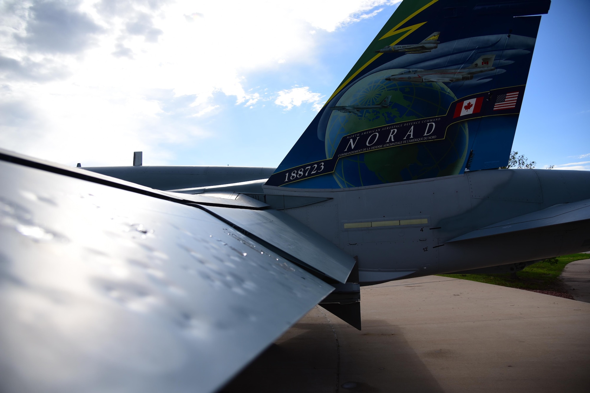 PETERSON AIR FORCE BASE, Colo. - A CF-188A Hornet, the newest plane to the Peterson Air and Space Museum did not escape damage from July’s massive hail storm that swept across Peterson Air Force Base, Colo., Aug. 10, 2016. Every outdoor static display on the base received damage ranging from dents to structural damage from fist-sized hail. (U.S. Air Force photo by Staff Sgt. Amber Grimm) 