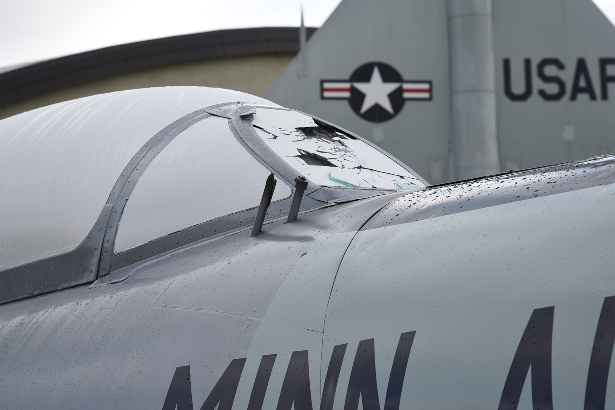 PETERSON AIR FORCE BASE, Colo. - An F-94 Starfire on static display at the Peterson Air and Space Museum was hit hard during the previous night’s massive hail storm that swept across Peterson Air Force Base, Colo., Jul. 29, 2016. Not a single outdoor static display escaped unscathed from the storm. (U.S. Air Force photo by Rob Lingley)