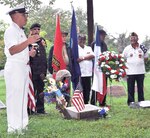 Master Chief Petty Officer Tony Guzman (left), Navy Medicine Training Support Center senior enlisted leader, speaks to more than 100 military members, veterans and civilians attending the Seaman John E. “Jackie” Kilmer memorial service Aug. 15 in San Antonio.  Kilmer was posthumously awarded the Medal of Honor June 18, 1953 for his life-saving actions as a hospitalman Aug. 12, 1952, during the attack on Bunker Hill.
