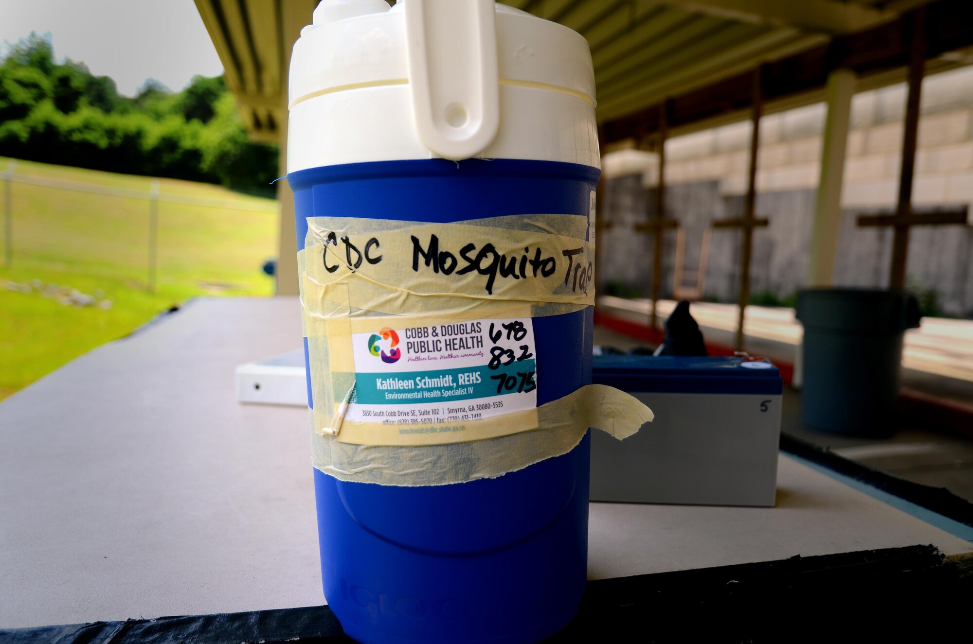 A mosquito trap sits on a table at the firing range before being set up Dobbins Air Reserve Base, Ga., on June 23, 2017. The Georgia Department of Public Health came to Dobbins to set up mosquito traps following a Department of Defense initiative to combat the Zika virus. (U.S. Air Force photo by Staff Sgt. Daniel Phelps)