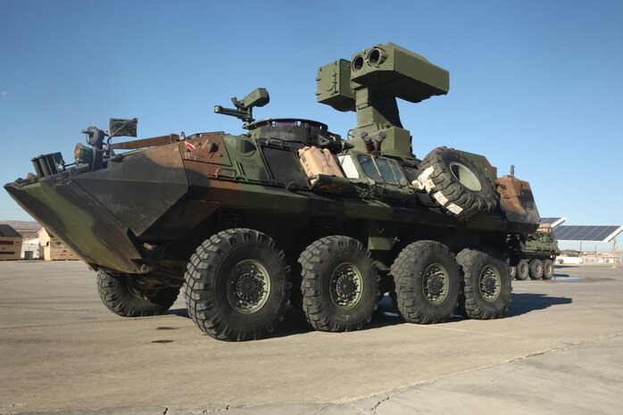 A Light-Armored Vehicle equipped with a new Anti-Tank weapons system sits stationary at the 3rd Light Armored Reconnaissance Battalion ramp prior to operational testing with Tube-launched Optically-tracked Wire-guided missiles on range 500 aboard the Combat Center, Feb. 10, 2015. During testing, 3rd LAR Marines got a first-hand look at what the new system will add to the Marine Corps’ arsenal and combat readiness.  (Official Marine Corps photo by Cpl. Charles Santamaria/Released)