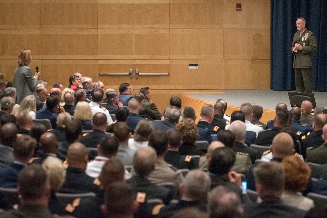 Marine Corps Gen. Joe Dunford, chairman of the Joint Chiefs of Staff, takes questions from National Defense University students at Fort Lesley J. McNair, Washington, D.C., Aug. 23, 2016. The general shared his experiences with the students, and discussed what he got out of his Army War College experience. DoD photo by Navy Petty Officer 2nd Class Dominique A. Pineiro