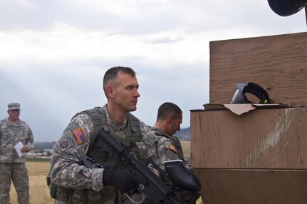 Sgt. 1st Class Robert D. Jones, U.S. Army Reserve Best Warrior Competition noncommissioned officer runner-up, provides security during training at Fort Harrison, Mont., August 5, 2016. The USAR BWC winners from the NCO and Soldier category are going through rigorous training, leading up to their appearance at Fort A.P. Hill later this year for the Department of Army BWC. (U.S. Army Reserve photo by  Brian Godette, USARC Public Affairs)(U.S. Army Reserve photo by  Brian Godette, USARC Public Affairs)