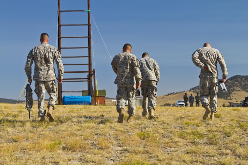 The 2016 U.S. Army Reserve Best Warrior winners and runner-ups leave the obstacle course side by side after training at Fort Harrison, Mont., August 5, 2016. The USARC BWC winners from the noncommissioned officer and Soldier category are going through rigorous training, leading up to their appearance at Fort A.P. Hill later this year for the Department of Army BWC. (U.S. Army Reserve photo by  Brian Godette, USARC Public Affairs)