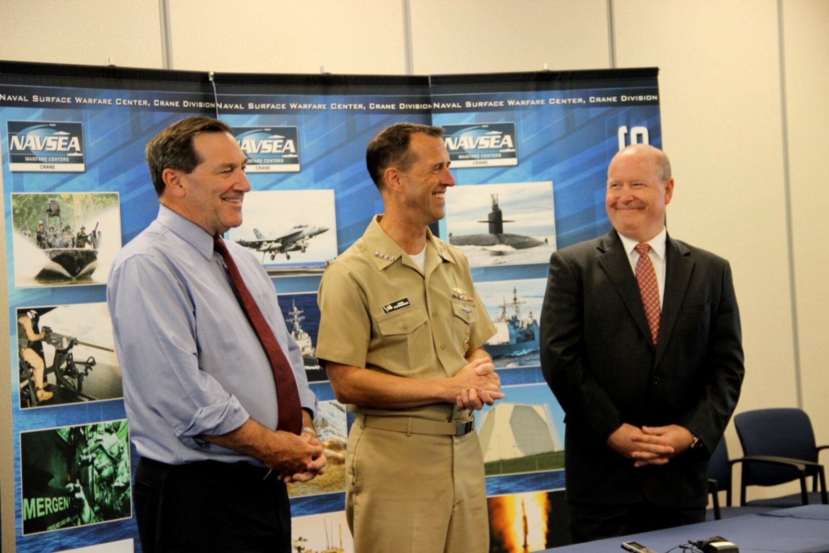 U.S. Senator Joe Donnelly (D-IN), Chief of Naval Operations (CNO) Adm. John Richardson and Congressman Larry Bucshon (IN-8th District) held a press conference on Aug. 23 at Naval Surface Warfare Center (NSWC) Crane Division.