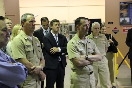 Chief of Naval Operations (CNO) Adm. John Richardson received briefings about Naval Surface Warfare Center Crane Division's three mission focus areas, Expeditionary Warfare, Strategic Missions and Electronic Warfare.