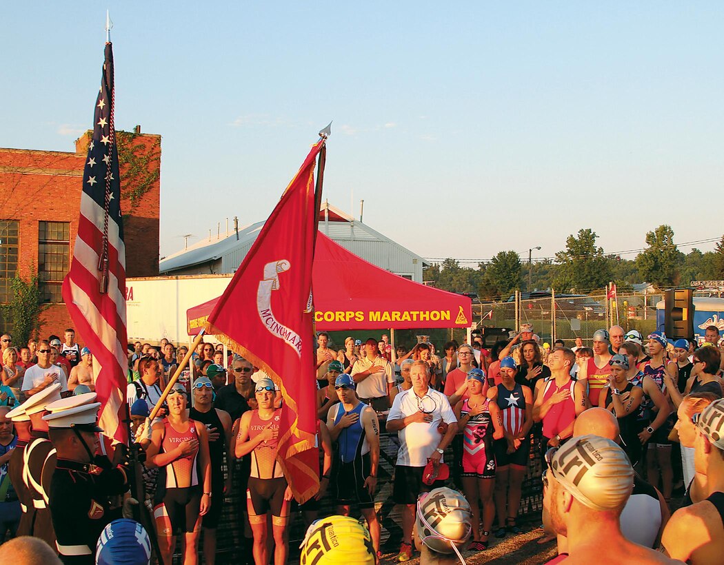 Quantico Tri and 12K athletes participate in opening ceremonies aboard Quantico on race day, Aug. 20.