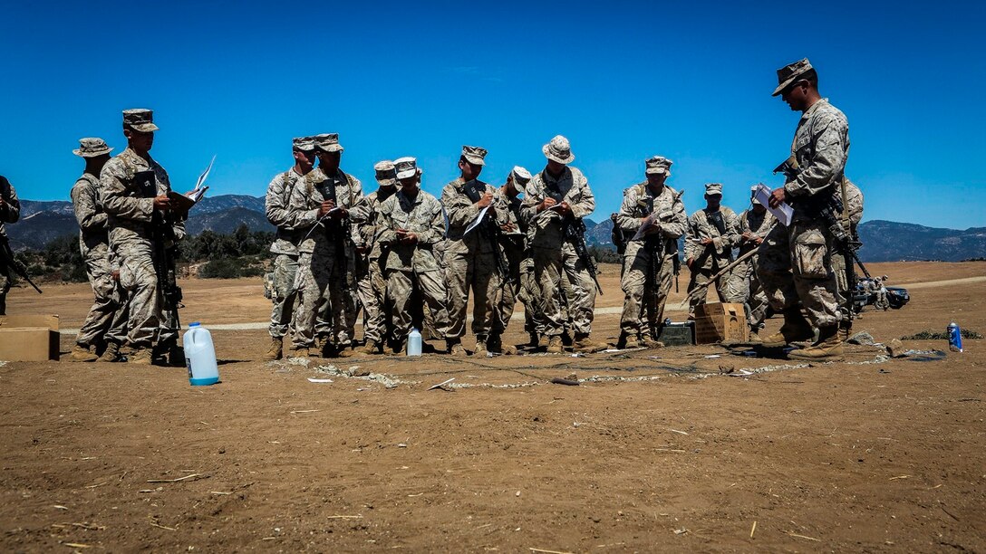 U.S. Marines with the 1st Marine Logistics Group, Combat Skills Training School brief Marines as part of the Tactical Convoy Course at Camp Pendleton, Calif.,  Aug. 19, 2016. The purpose of the Tactical Convoy Course training is to teach procedures to counter threats and mitigate risks to Marine forces conducting tactical convoys. (U.S. Marines photo by LCpl. Salmineo Sherman Jr./released)