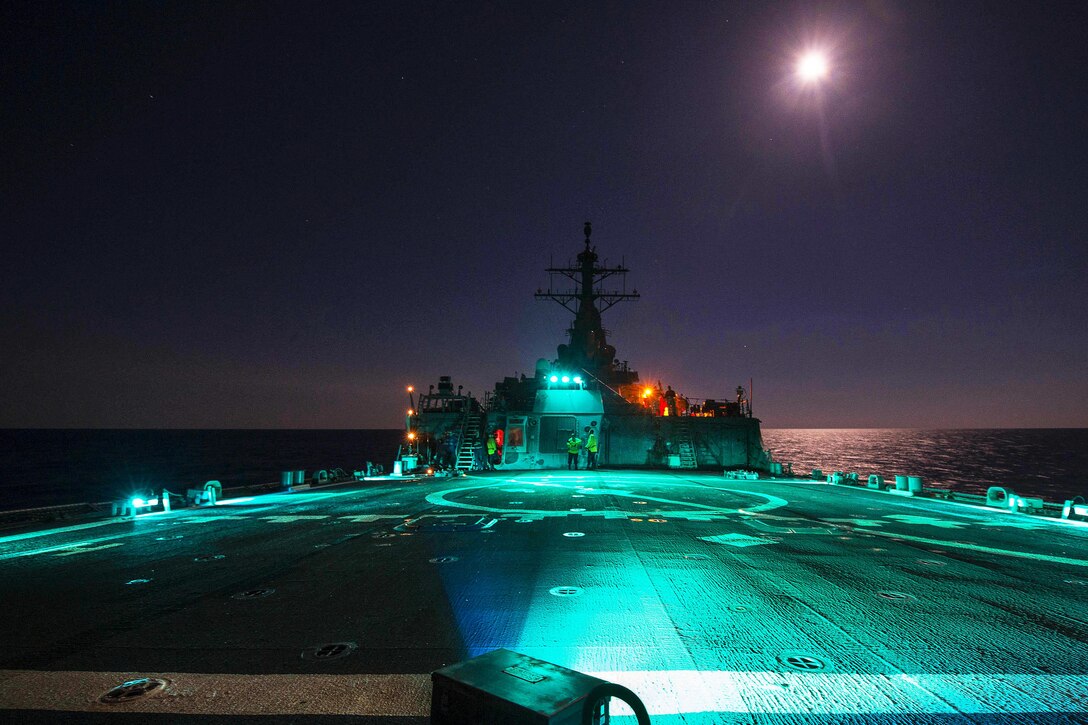 Navy crews conduct flight operations on the flight deck of USS Carney in the Mediterranean Sea, Aug. 17, 2016. The Carney is patrolling in the U.S. 6th fleet area of operations to support U.S. national security interests in Europe. Navy photo by Petty Officer 3rd Class Weston Jones



