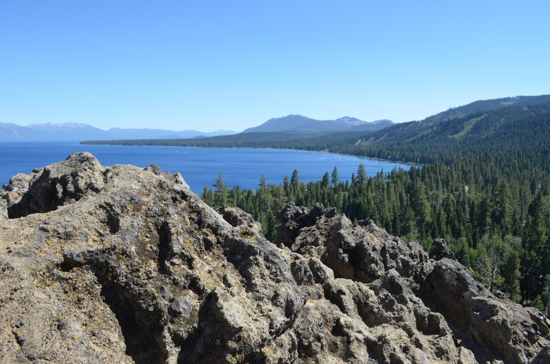 The view from the top of Eagle Rock at Lake Tahoe, California, shown Aug. 18, 2014. The trail leading up to this historical spot was rebuilt as part of a California Tahoe Conservancy and U.S. Army Corps of Engineers ecosystem restoration project at Blackwood Creek. Steep terrain, heavy erosion and overuse had made the old trail dangerous for hikers and an expressway for dirt and debris to enter the creek and make its way to Lake Tahoe. The Corps has been working on ecosystem restoration projects with several agencies in the Lake Tahoe Basin since 2005. 